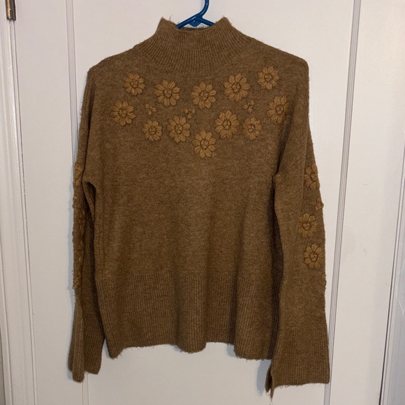 CeCe Sweaters - CeCe Brown Floral Turtleneck Sweater